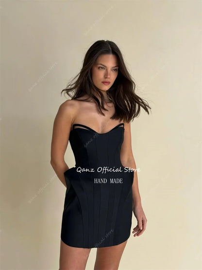Qanz Sexy Mini Prom Dresses Black Satin Sweetheart Short A Line Vestido De Gala Backless Birthday Dress Ror Woman Customized