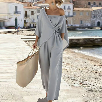 Elegant New Off Shoulder Hollow Jumpsuits Woman Batwing Sleeve Wrap Tie Waist Romper Spring Casual Solid Wide Leg Pants Overalls