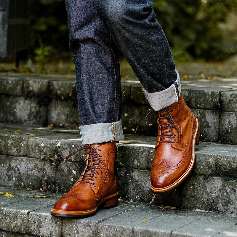 Autumn Fashion Genuine Leather Mens Ankle Boots Handmade Lace Up Stylish Oxford Shoes High Quality Motorcycle Boots for Men 2025