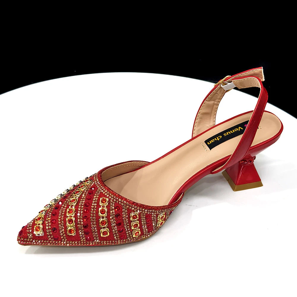 2025 Shiny Italian Fashion Pointed Toe Women Heel Fashion Rhinestone Decoration Fuchsia Color Shoes And Bag Set