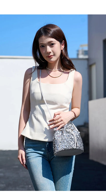 New Chic Multicolor Sequin Shing Shoulder Bag Fashion Versatile Handbag Drawstring Bucket Bag Large Capacity Wallet Purse Bags