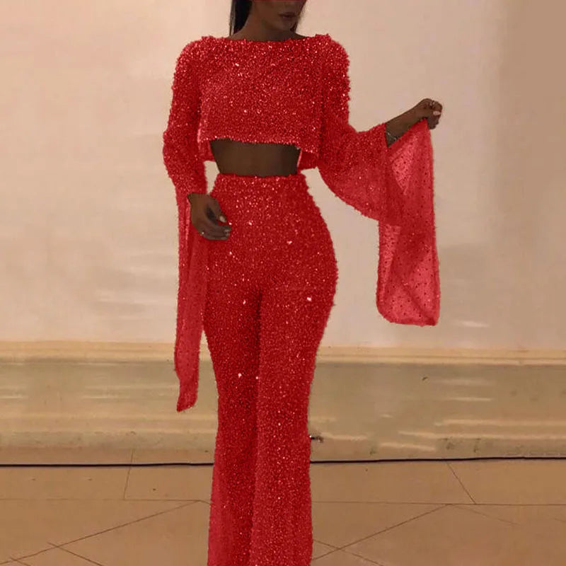 Elegant Flare Sleeve Women Club Party Romper Fashion O Neck Slim Fit Overalls Sexy Cut Out Waist Backless Shiny Sequin Jumpsuits
