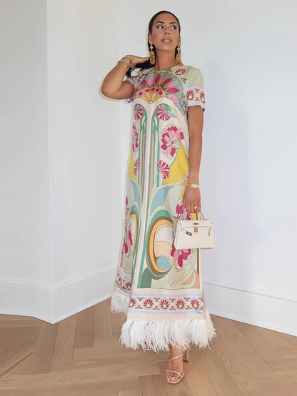 Women Art Floral Print Feather Hem Maxi Dress Short Sleeve Crew Neck Loose Fit Dresses 2026 Summer Fashion Elegant Lady Outwear