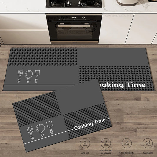 Kitchen Corner Floor Mat  Waterproof Carpet Non-slip Foot Mats Long Carpets Rug Black Plaid Home Decoration Rugs Washable Mat