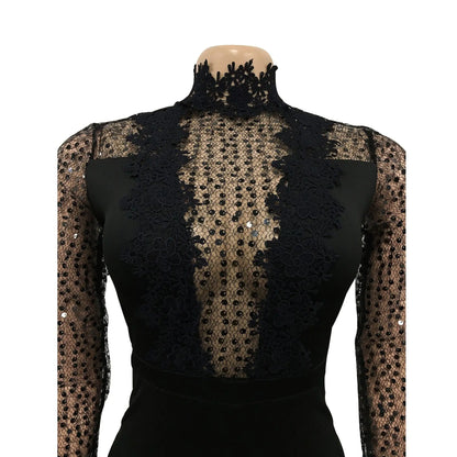 HBLL Women Sequin Lace Jumpsuit Elegant Long Sleeve Wide Leg Pants Sexy See Through Evening Party Outfits Jumpsuits With Belt