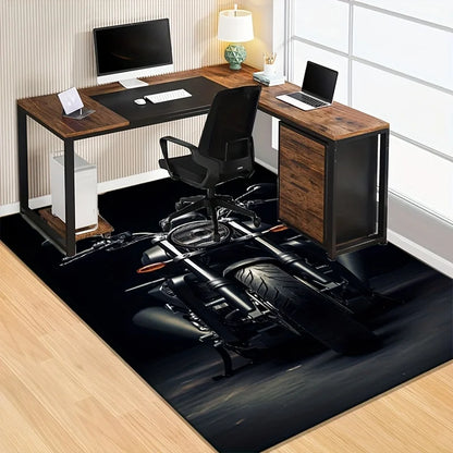 Motorcycle Art Rug for Modern Homes - Stylish Black Bike Design Carpet Perfect for Living Room Decor and Motorcycle Enthusiasts