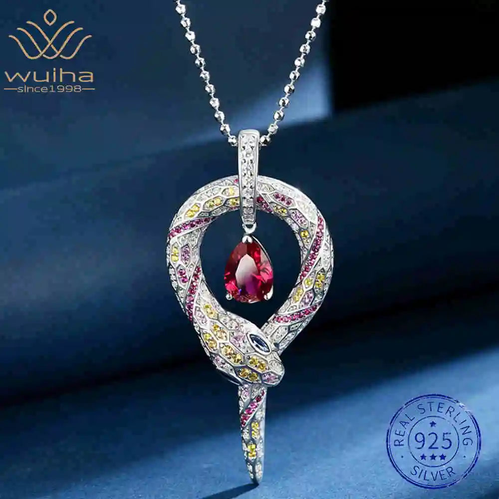 WUIHA Vintage 925 Sterling Silver 7 * 10 MM Lab Sapphire Ruby High Carbon Diamond Gemstone Wedding Engagement Pendant Necklace