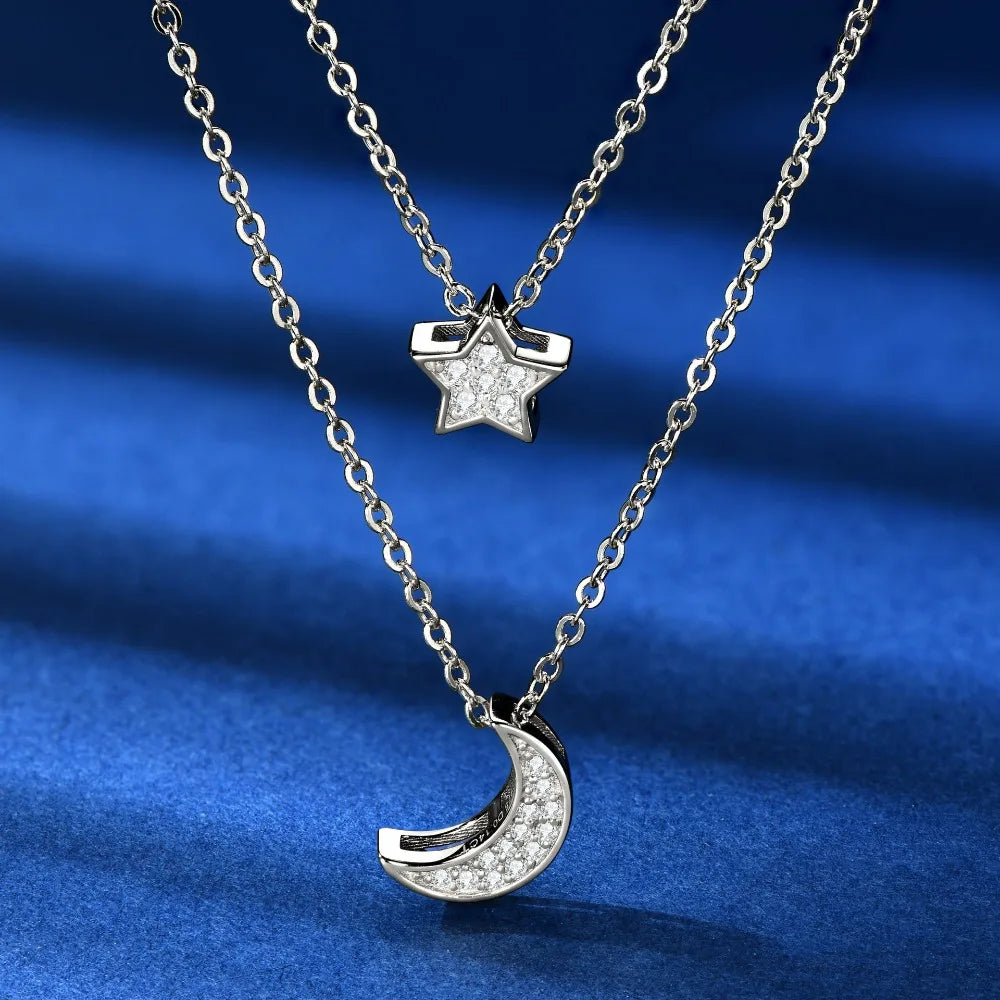 S925 Sterling Silver Moissanite Star Moon Layered Necklace Double Chain Crescent Pendant White Gold Color Gift for Women