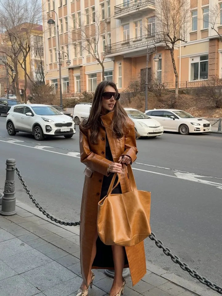 Women Brown Croc Embossed Faux Leather Maxi Trench Coat Lapel Single Breasted Straight Long Front Pockets Vintage Autumn Winter