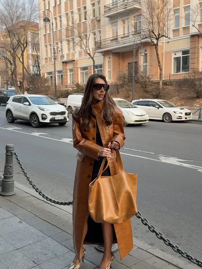 Women Brown Croc Embossed Faux Leather Maxi Trench Coat Lapel Single Breasted Straight Long Front Pockets Vintage Autumn Winter