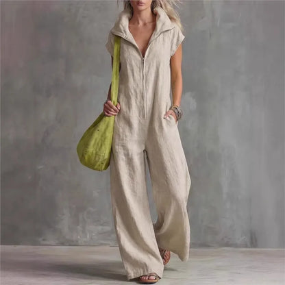 Summer New Fashion Zipper Lapel Short-sleeved Loose Women's Jumpsuit 2026 Loose Simple Pocket Casual Vacation Female Jumpsuit