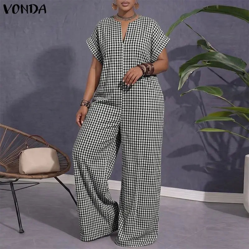 VONDA Women Plus Size Jumpsuits Fashion Summer Short Sleeve Tops Wide Leg Pants OL Work Playsuits Plaid Overalls Streetwear