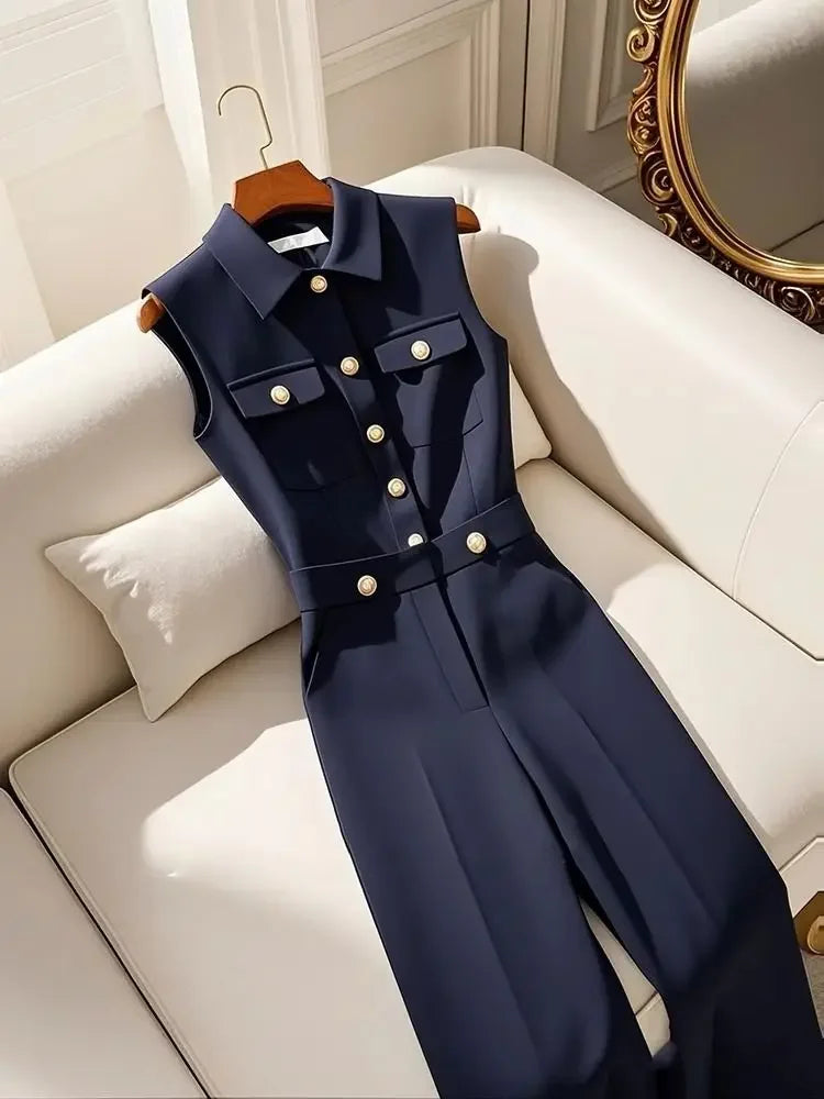 Korean Retro Polo Collar Single Breasted Pockets Navy Blue Jumpsuits Frence Fashion Office Lady All-match Summer Long Jumpsuit