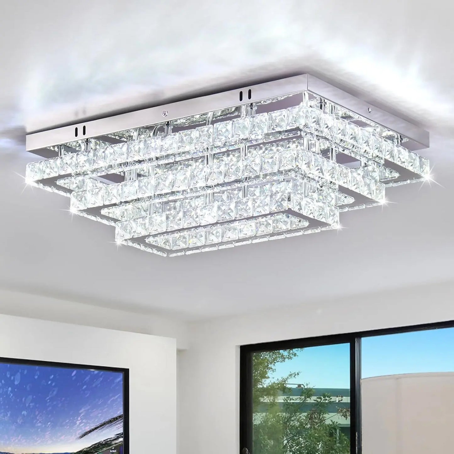 Modern Crystal LED Ceiling Light Fixture 20” Rectangular Flush Mount Chandelier Ceiling Lights 3-Tiers Stainless Steel Ceiling L