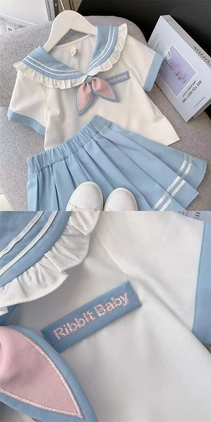Summer Children Girls Student Uniform Set kids JK Mandarin Collar T-shirts and Pleated Skirts 2 Pieces Suit Kid School Uniform