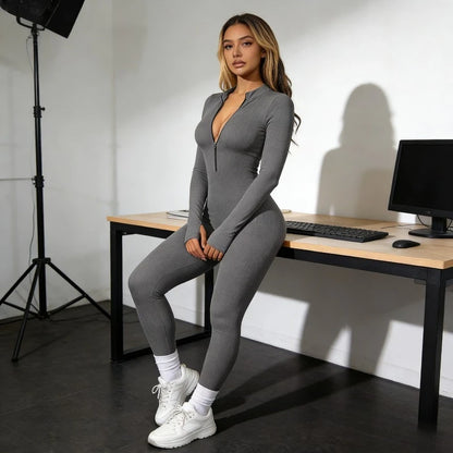 Women Yoga Running Tight Ribbed Long Sleeve Zipper Jumpsuit Pants
