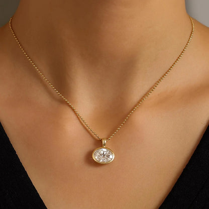 GRA Certified 2/3/4ct East West Oval Cut Moissanite Pendant Necklace for Women Bezel Set Solitaire Diamond 925 Silver Bead Chain