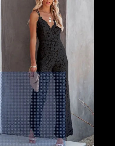 Ladies Elegant Jumpsuits Spaghetti Straps V-Neck Solid Lace Backless Sexy Jumpsuit For Women Simple White Slim Office Rompers