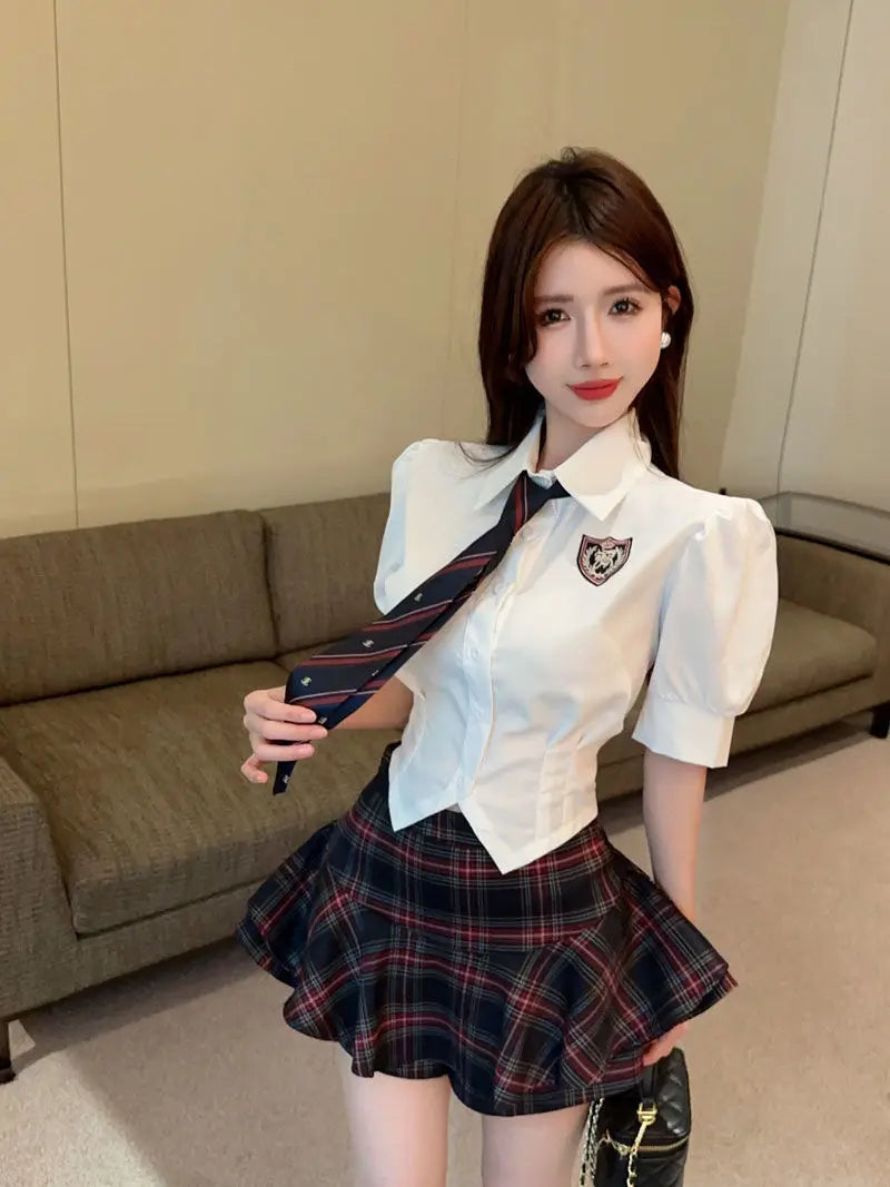 2025 improved cute sexy korea jk suit women autumn jk school uniform women shirt plaid pleated half skirt fashion two-piece set