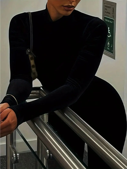 Slim Fit High Neck Long Sleeve One-Piece Jumpsuit Bodycon Slimming Design Fashionable Elegant Women's Clothing