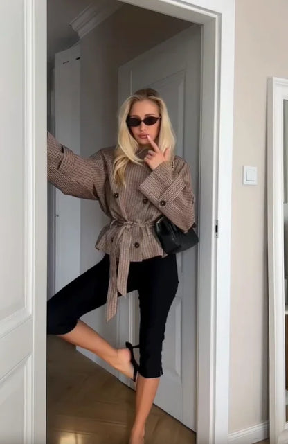 Trendy Plaid Cropped Trench Coat Women Chic Lapel Double Breasted Belted Waist Tie Long Sleeve Jacket Fall Windbreaker Outerwear
