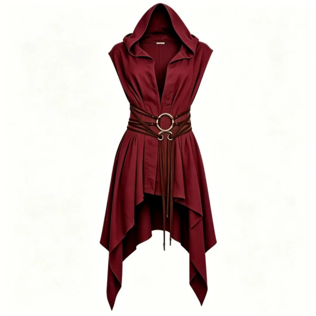Cosplay Costume Women Irregular Hem Renaissance Elf Tunic Robe Medieval Ranger Hooded Sleeveless Cloak Belt Witch Hunter Show