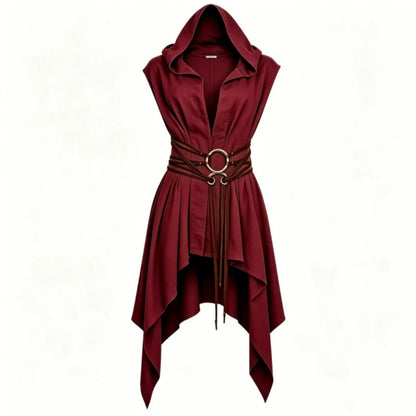 Cosplay Costume Women Irregular Hem Renaissance Elf Tunic Robe Medieval Ranger Hooded Sleeveless Cloak Belt Witch Hunter Show