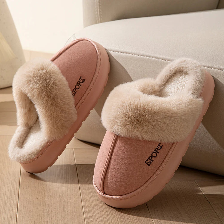 Women Winter Slippers Faux Fur Collar Warm Comfort Non-slip Thick Sole Couple Indoor and Outdoor Snow Boots Home Casual Shoes