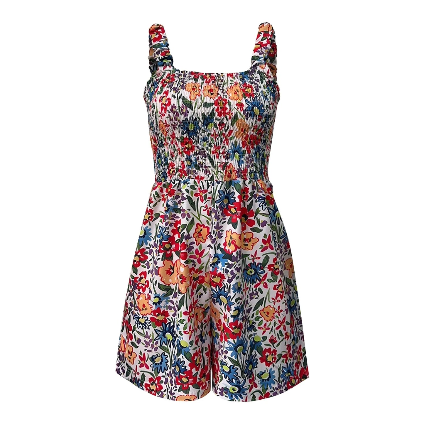 Ladies' Summer Casual Smocked Rompers Chic Square Neck Sleeveless Loose Shorts Jumpsuits Thin Bohe Style Beach Vacation Outfits