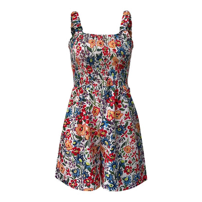 Ladies' Summer Casual Smocked Rompers Chic Square Neck Sleeveless Loose Shorts Jumpsuits Thin Bohe Style Beach Vacation Outfits