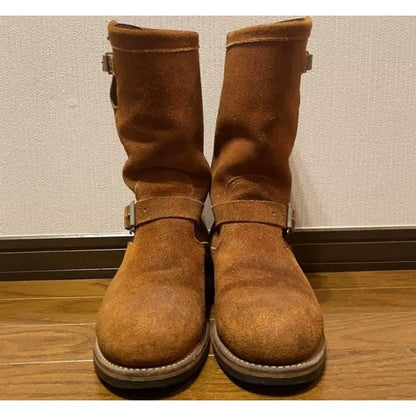 Dark Brown Suede Work Boots Men's and Women's Engineer Ort Shoes American Retro Moto Boots Faded Mid-Calf Shoes Motocross Boots