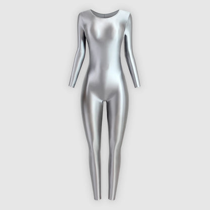 MJINM Women Shiny Oil One Piece Long Sleeve Zentai Suits Yoga Sports Jumpsuits Glossy Tights Cosplay Fitness Bodysuits Overalls