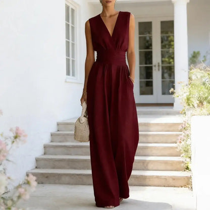 Women's Sleeveless Jumpsuits V Neck Straight Long Pants Rompers With Pockets Summer Casual One Piece Overalls 2026