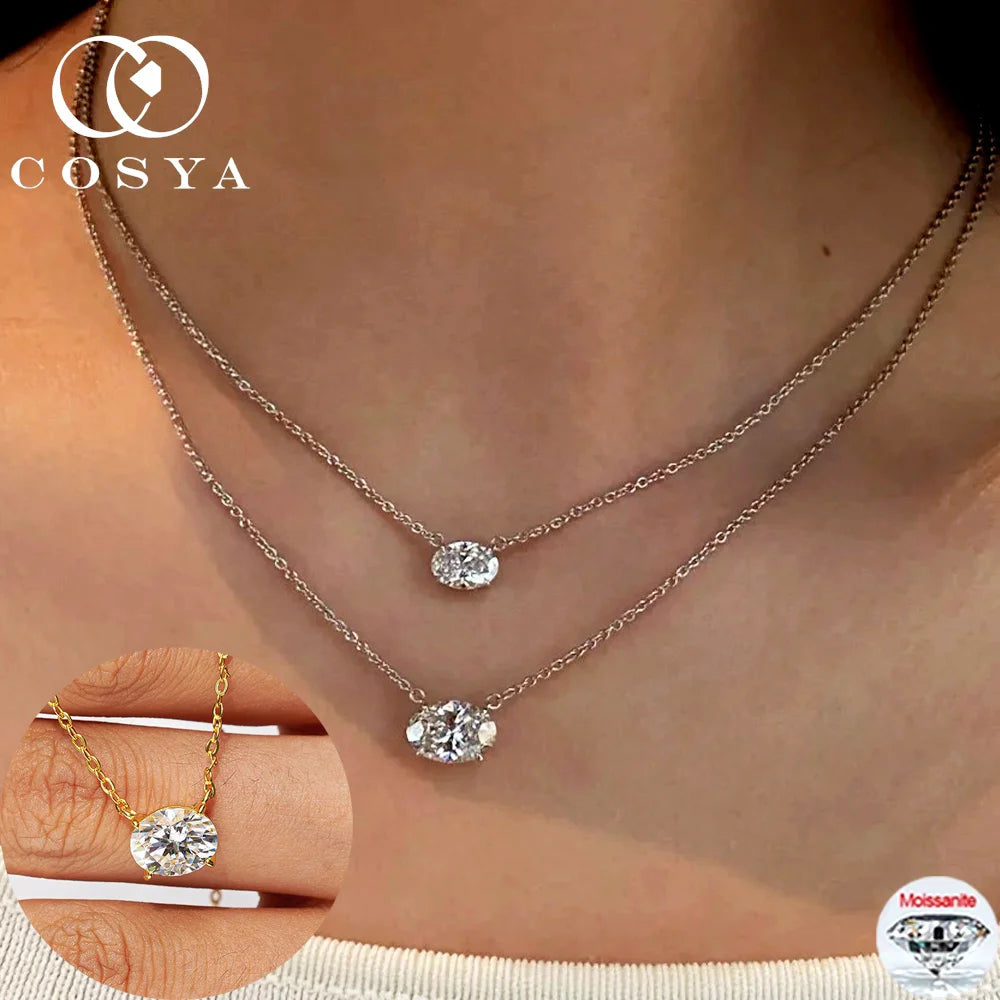 COSYA 1/2/3CT Oval Cut Moissanite Necklace For Women S925 Silver Plated 18K Gold East West Solitaire Diamond Chain Fine Jewelry
