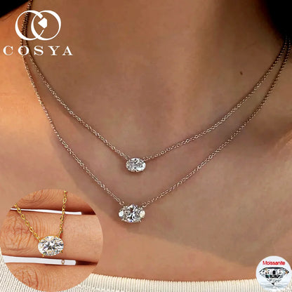 COSYA 1/2/3CT Oval Cut Moissanite Necklace For Women S925 Silver Plated 18K Gold East West Solitaire Diamond Chain Fine Jewelry
