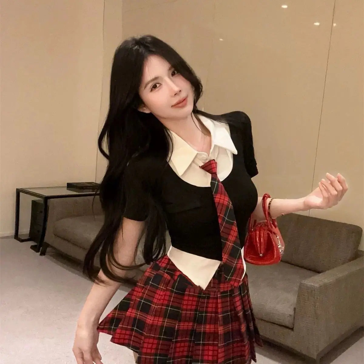 2025 korean style polo collar short-sleeved tops high-waisted jk plaid short skirts 2 piece summer girls  school uniform jk set