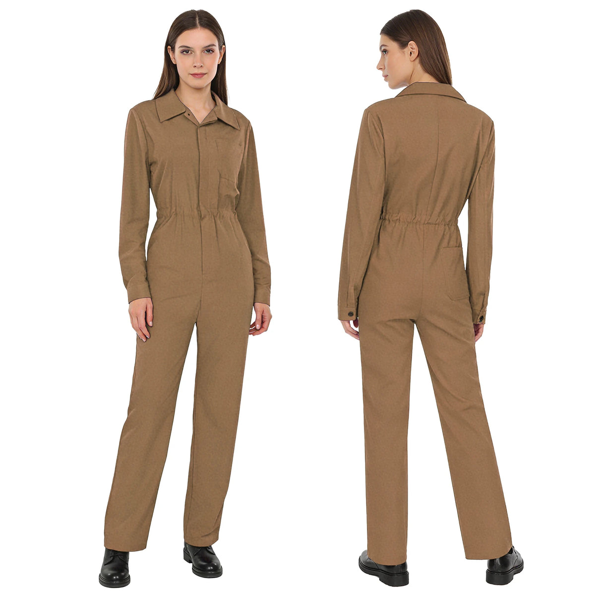 Womens Fashion Work Coverall Rompers Casual Solid Color Turn-Down Collar Long Sleeve Button Jumpsuit Travel Holiday Cargo Pants