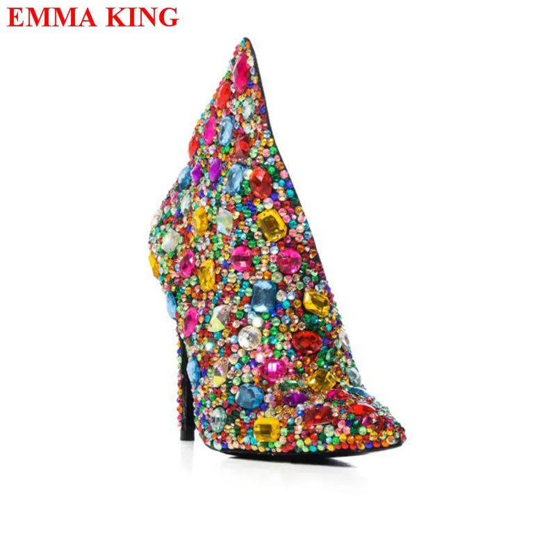 Women Boots 2023 New Luxury Rhinestone Ankle Boots Crystal High Heels Female Party Shoes Women Shallow Pointed Toe Boots Mujer