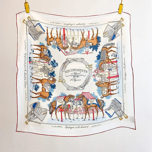 100% Mulberry Silk Square Scarf Vintage Equestrian Horse Saddle Print Bandana Unisex Neck Head Wrap Office Travel Holiday Gift