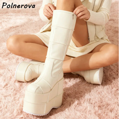 Double Platform Knee High Boots Rainbow Patchwork Round Toe Thick Soled Women's Shoes Women's Fashion Sexy Leather Winter Boots