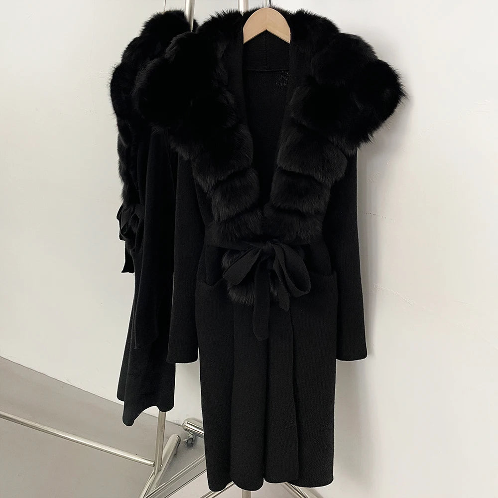 OFTBUY Fashion Warm Belt Real Fox Fur Cardigan New Natural Fur Collar Long Knit Jacket Women Atrumn Winter Top Clothing Female