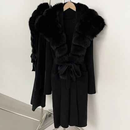 OFTBUY Fashion Warm Belt Real Fox Fur Cardigan New Natural Fur Collar Long Knit Jacket Women Atrumn Winter Top Clothing Female