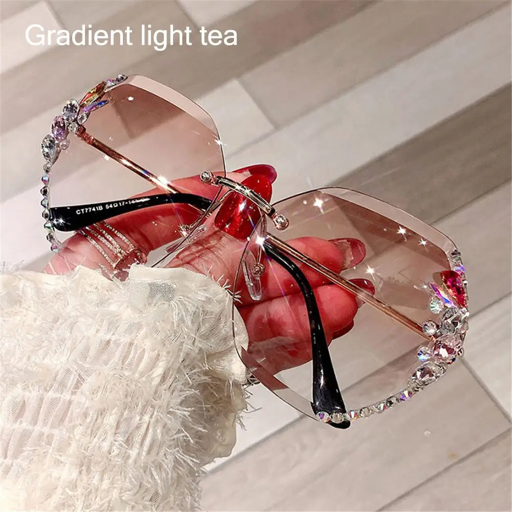 Vintage Cutting Lens UV400 Women Sun Glasses Gradient Rimless Sunglasses Rhinestone Sunglasses