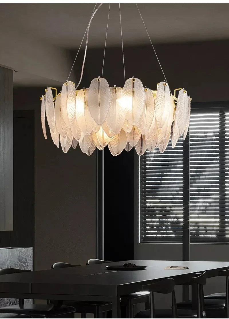 Luxury Villa Led Chandelier Feather Glass Gold Metal for Living Dining Table Room Bedroom Pendant Lights Home Decor Lustre Lamp