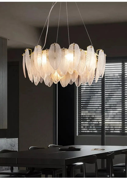Luxury Villa Led Chandelier Feather Glass Gold Metal for Living Dining Table Room Bedroom Pendant Lights Home Decor Lustre Lamp