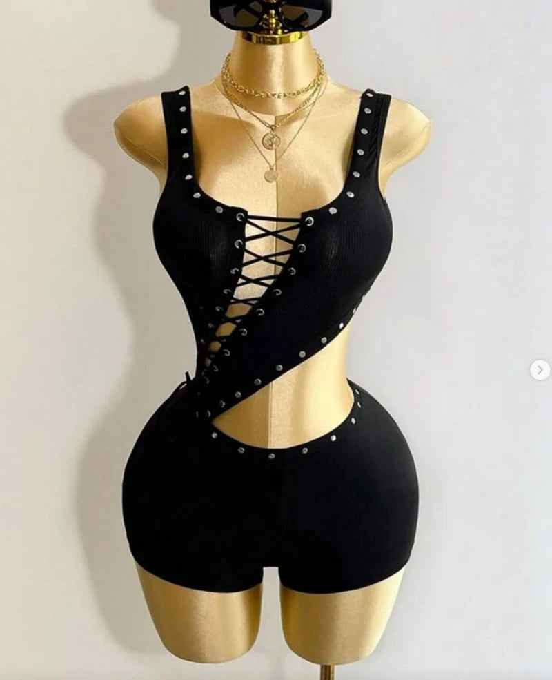 STYLISH LADY Cut Out Lace Up Playsuits 2025 Summer Women Sleeveless O Neck Bodycon Black Sexy Club Party Rompers