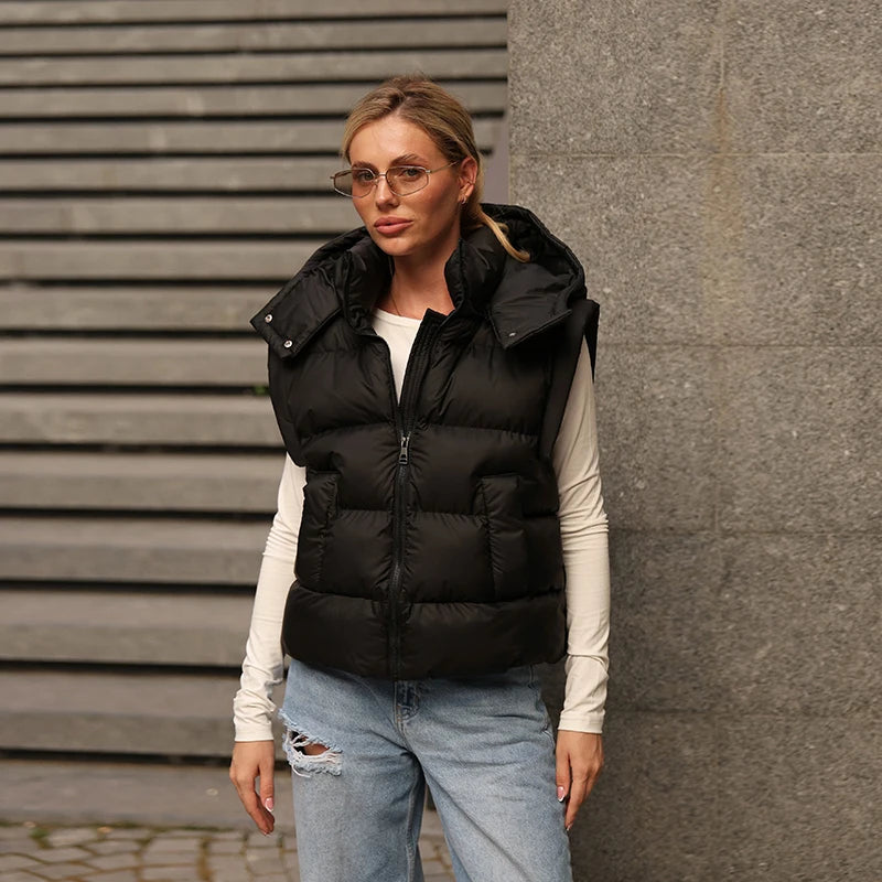 Detachable Sleeve Hooded Quilted Jackets 2026 Winter Ladies Solid 2-in-1 Zippers Waistcoat Cotton Coats Women's Warm Outwear