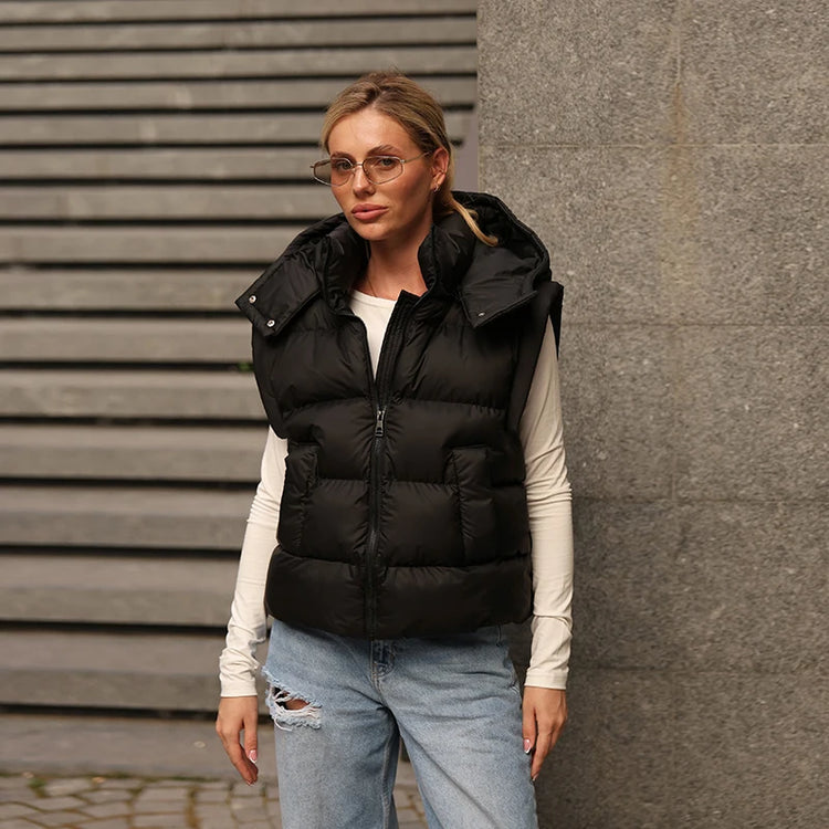 Detachable Sleeve Hooded Quilted Jackets 2026 Winter Ladies Solid 2-in-1 Zippers Waistcoat Cotton Coats Women's Warm Outwear
