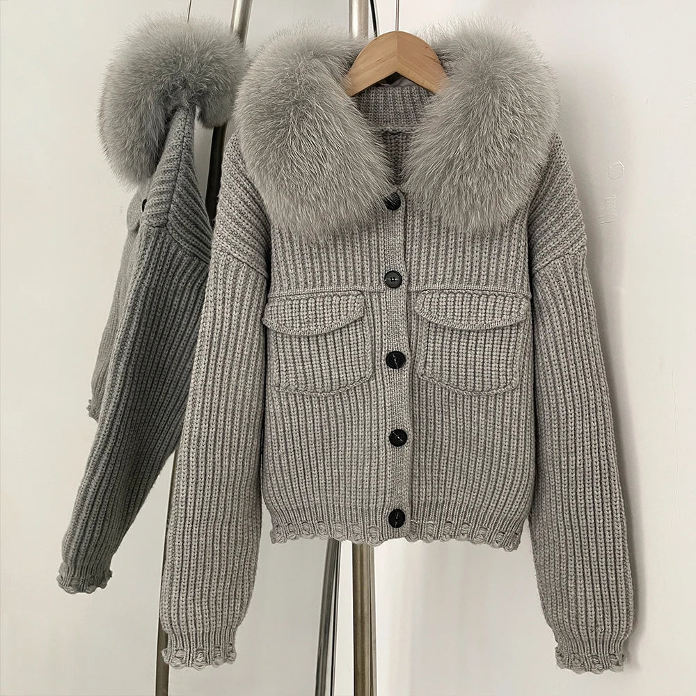 OFTBUY 2025 New Autumn Winter Women Real Fox Fur Caedigan Natural Fox Fur Hooded Jacket Decoration Lady's Sweater Coat