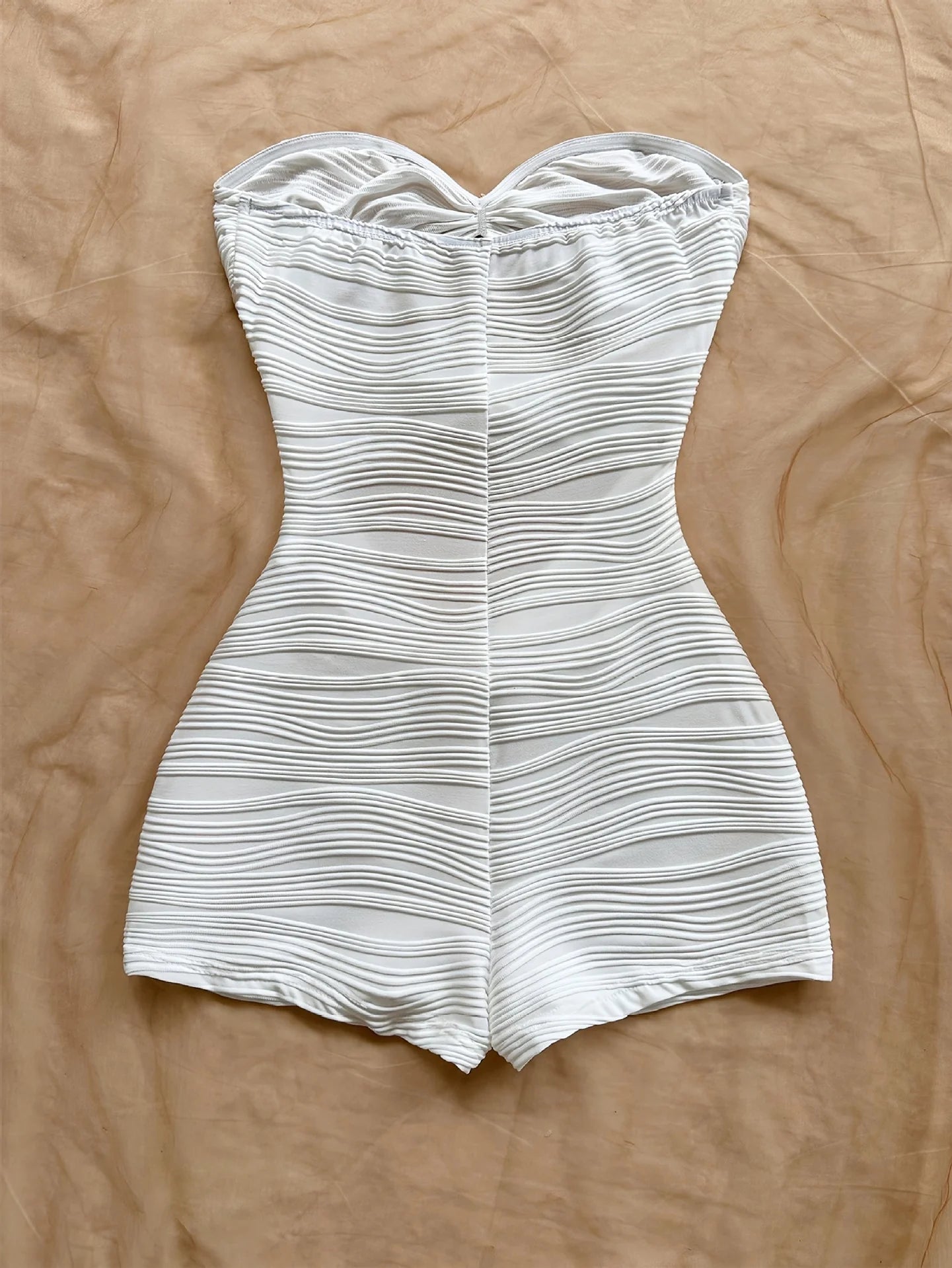 Summer White Bodycon Romper, Strapless with Sun Metal Accents